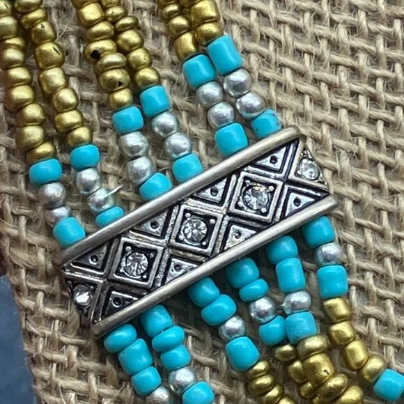 Bohemian Multi-Strand Necklace 19 In Tribal Rhinestone Turquoise Beaded Chain - Picture 6 of 8